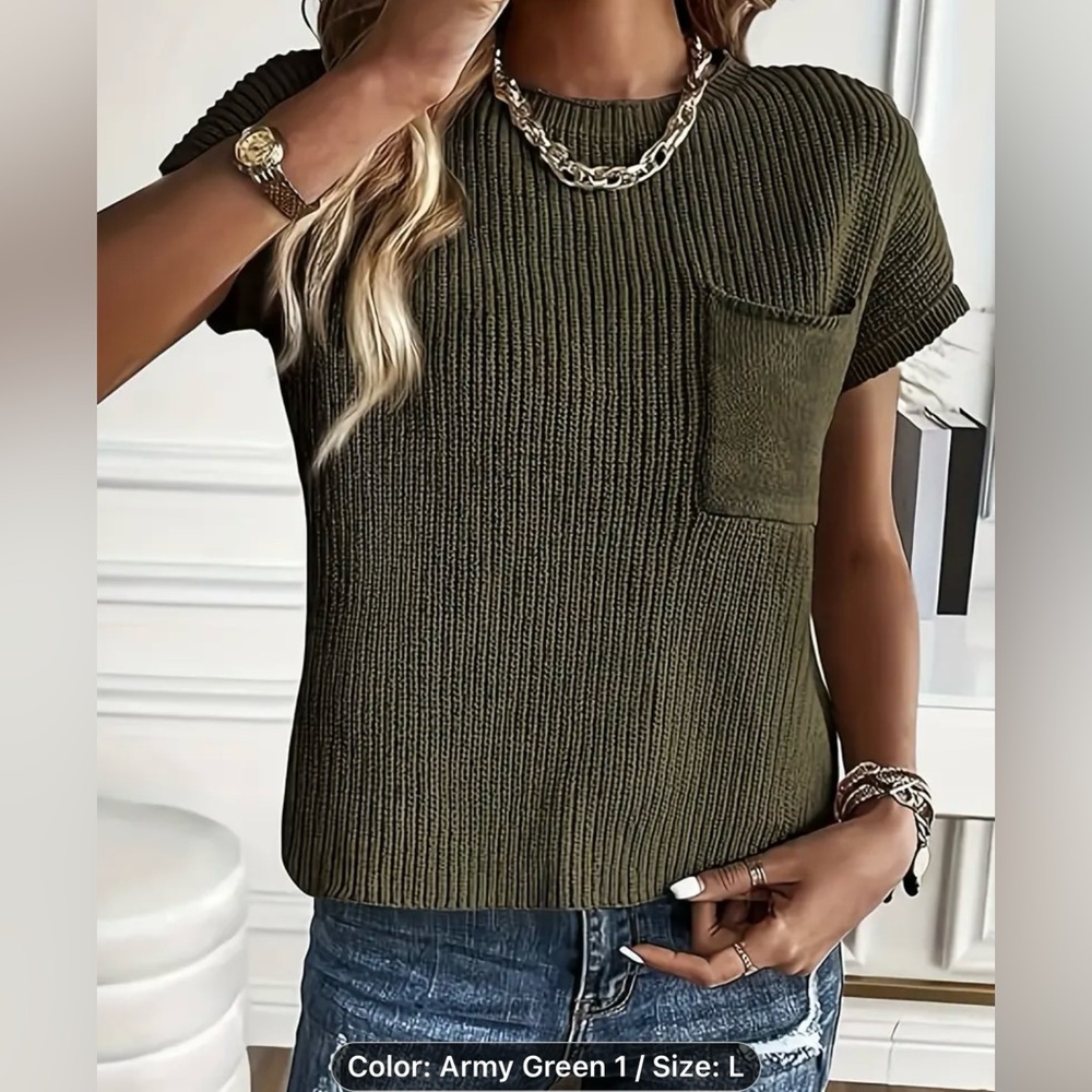 New Green Short Sleeve Sweater Top, Large, knit, Crew Neck